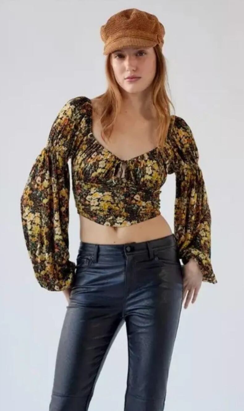 Urban Outfitters Elowen puff sleeve blouse cropped peasant corset fall floral S